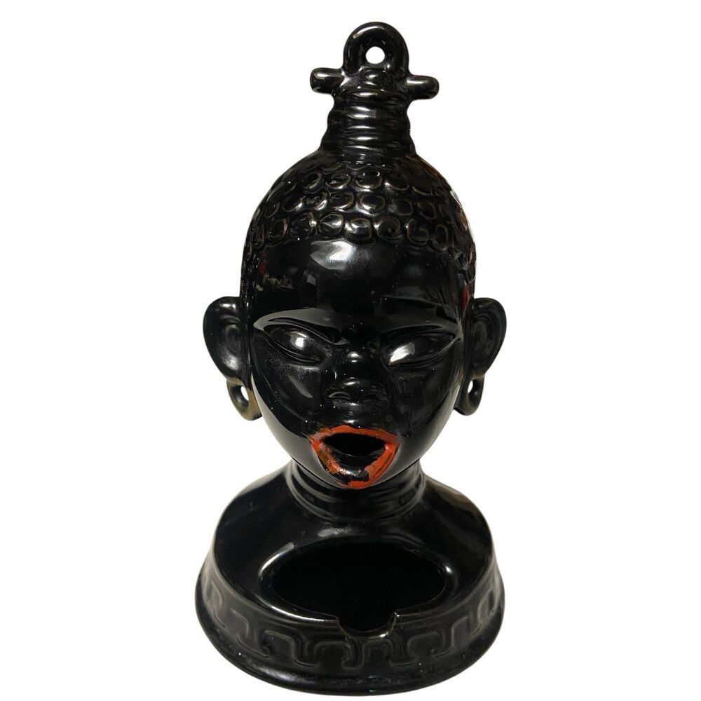 VINTAGE 1950-60'S NOVELTY CERAMIC AFRICAN LADY SMOKING HEAD ASHTRAY JAPAN ~8” H